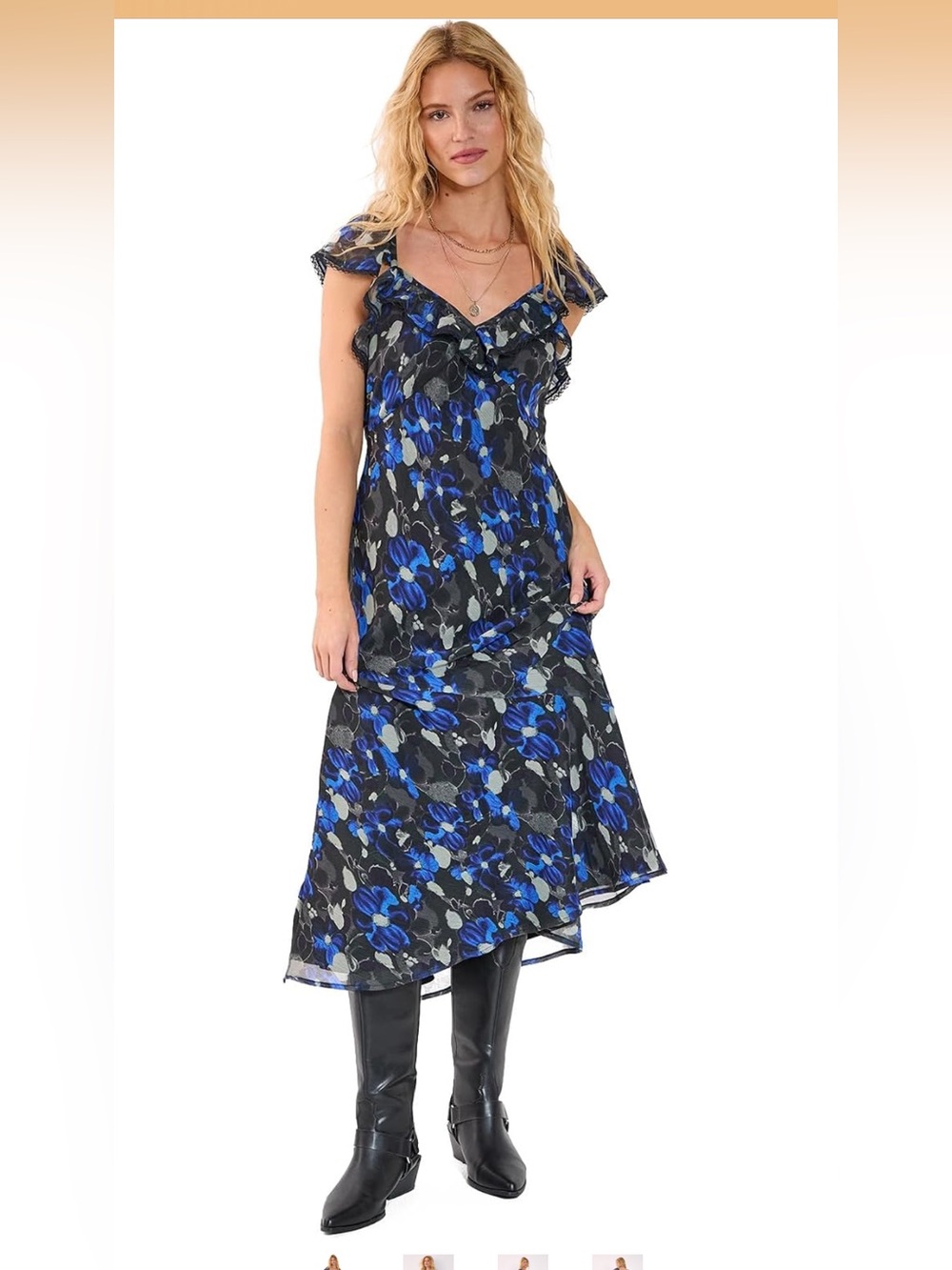 Nasty Gal Floral Chiffon Lace Trim Cap Sleeve Maxi Dress Blue Ruffle nwt size 2